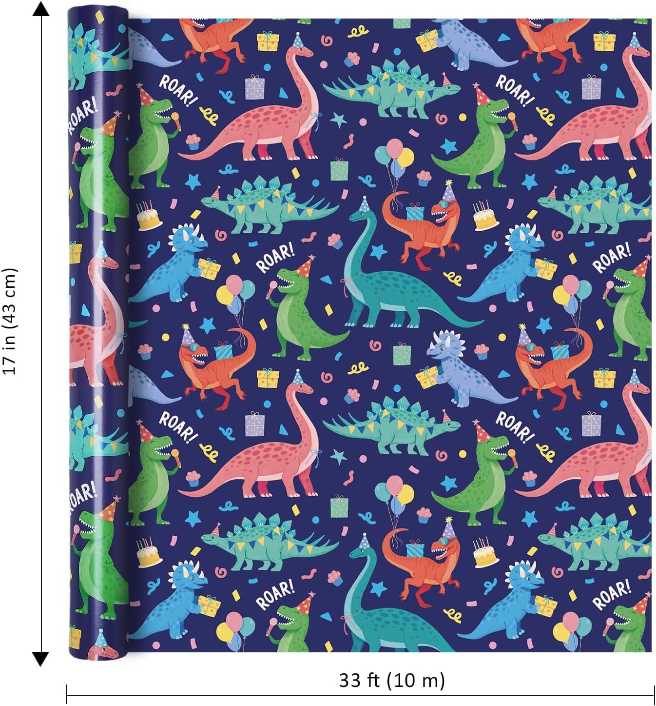 WRAPLA Colorful Wrapping Paper Roll - 17 Inches X 33 Feet (43cm X 10m) - Foil Happy Birthday and Cake Design Gift Wrap Stone Paper for Birthday, Baby Shower, Party, Holiday