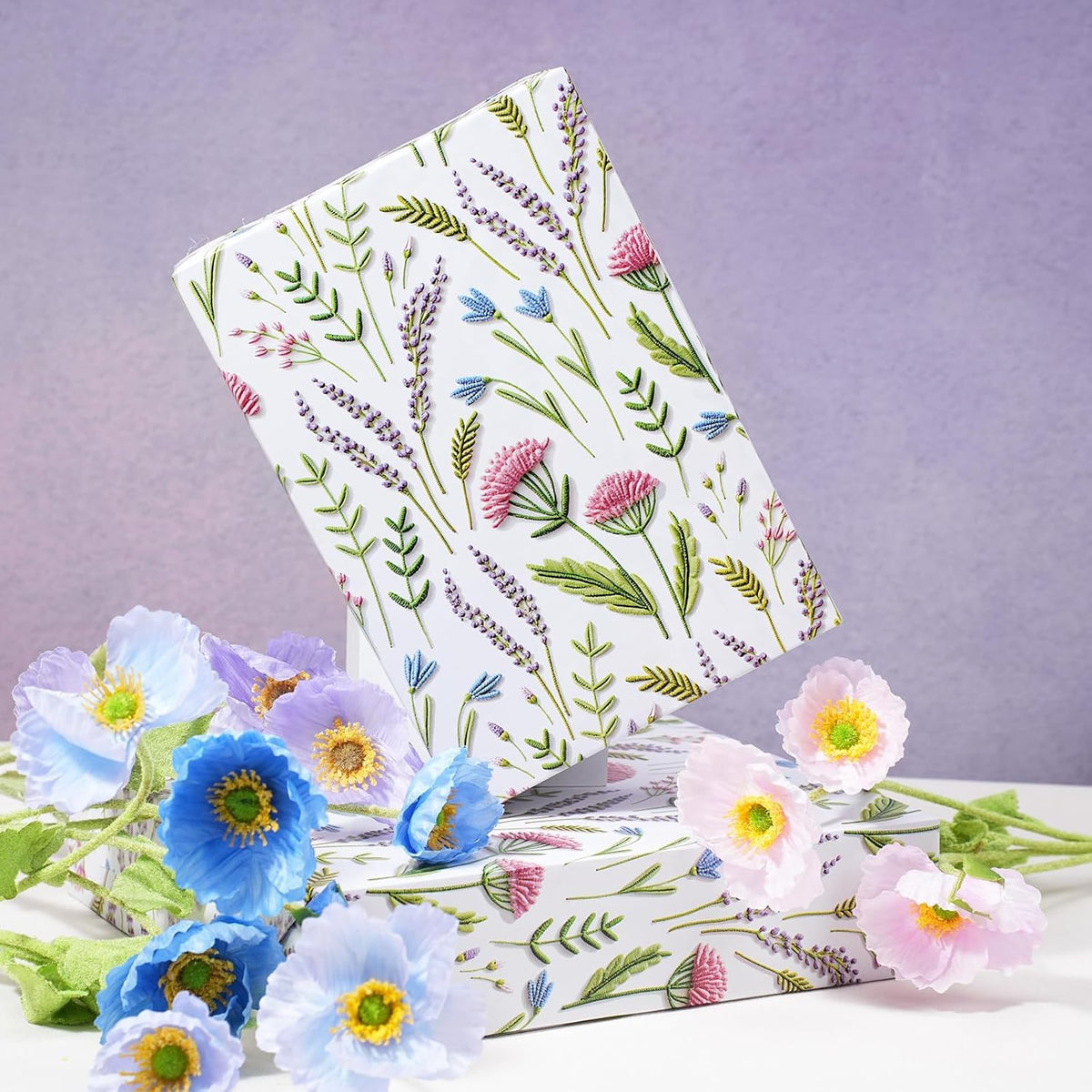 WRAPLA Reversible Wrapping Paper, Blue Floral Pearlescent Print 43cm x 10m