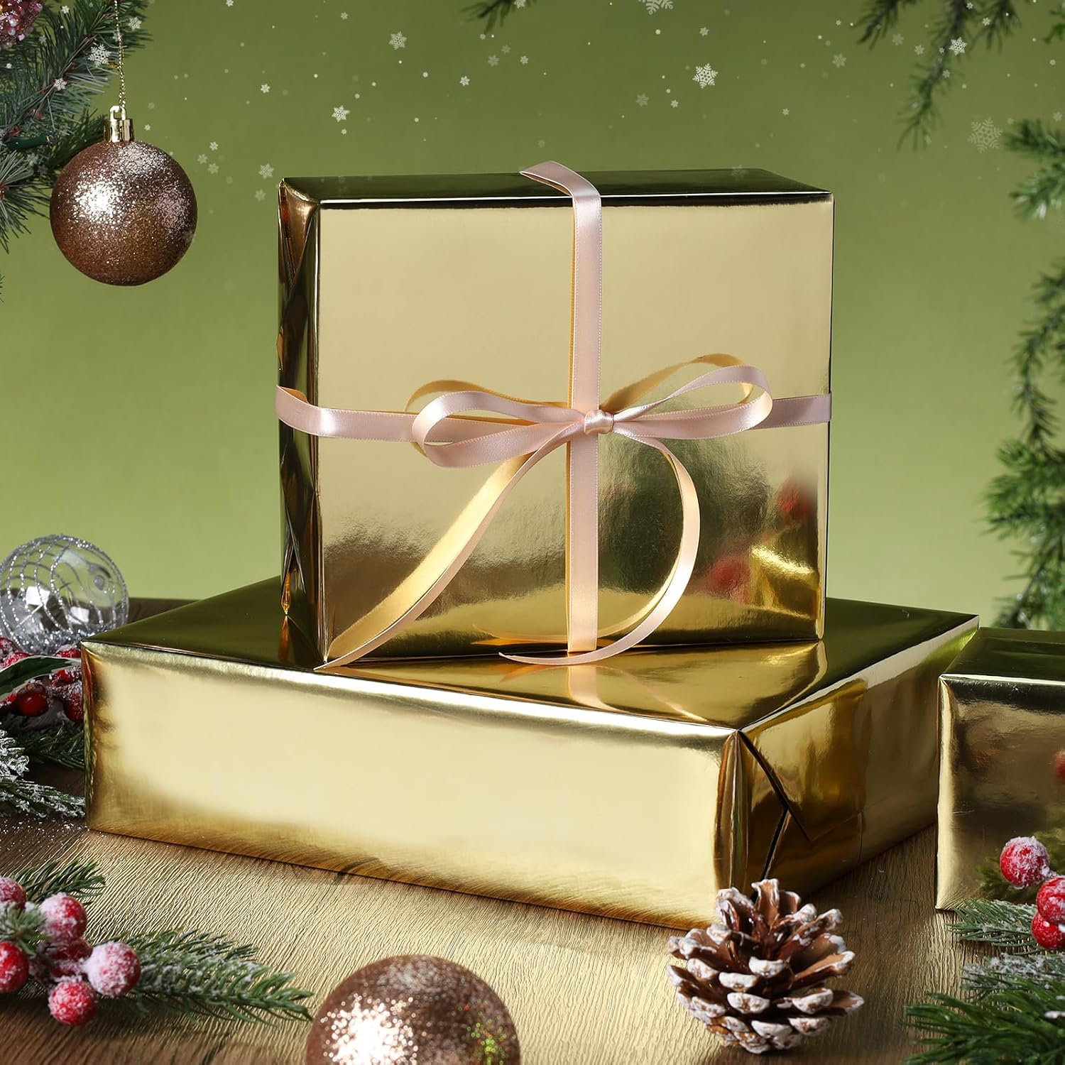 WRAPLA Green Metallic Christmas Wrapping Paper, Solid Color Roll