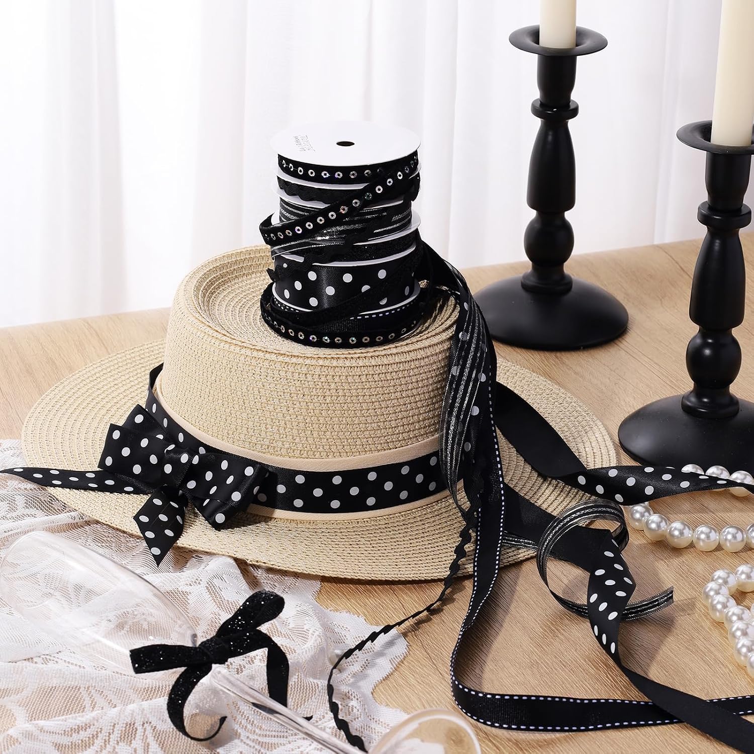 Black Ribbons for Crafts 6 Rolls, 30 Yards, Polka Dot & Glitter