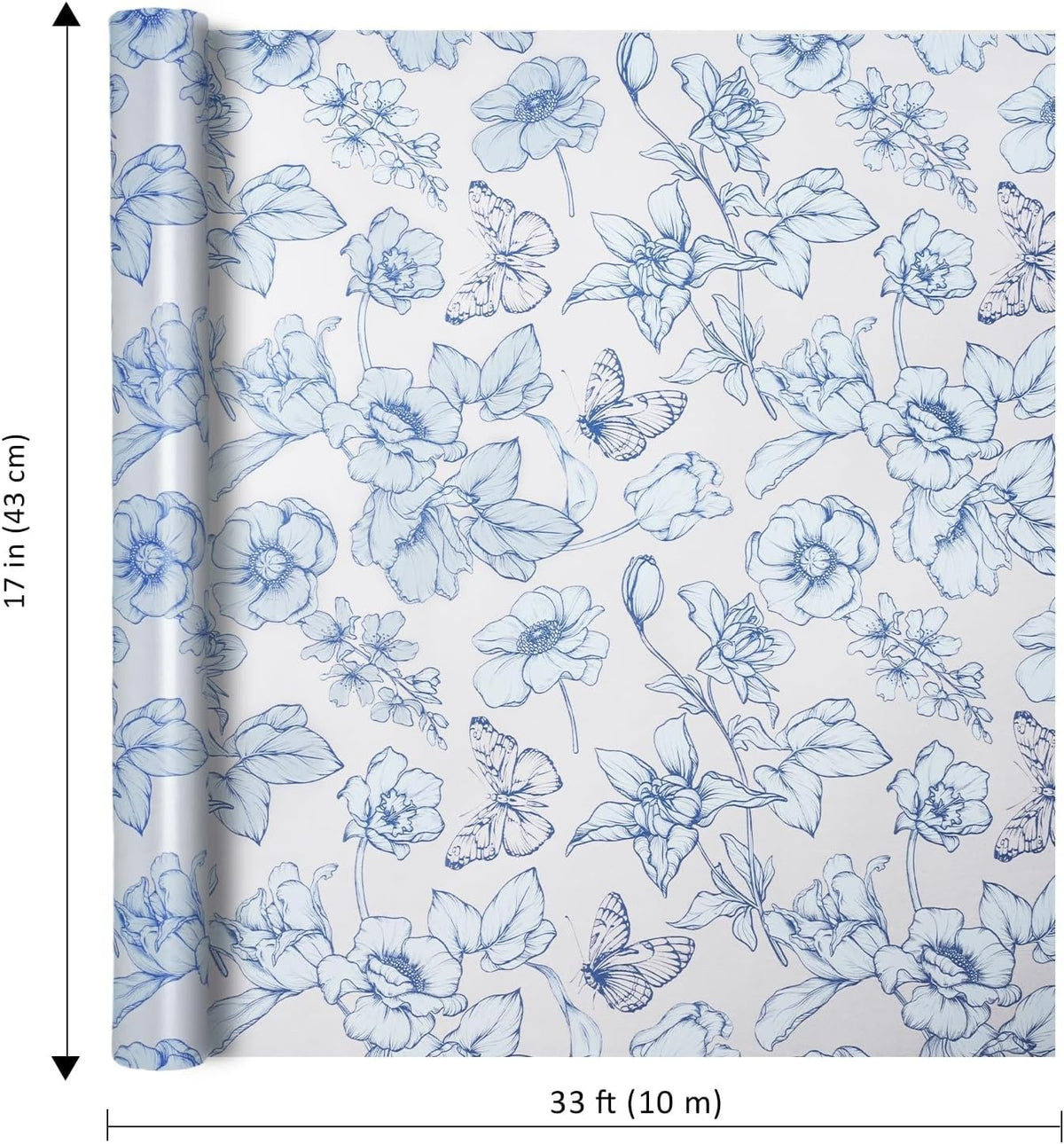 WRAPLA Reversible Wrapping Paper, Blue Floral Pearlescent Print 43cm x 10m