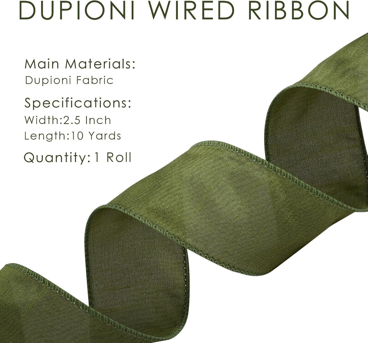 Moss Ribbon Wired 1 Inch x 10 Yards, Dupioni Christmas Decor