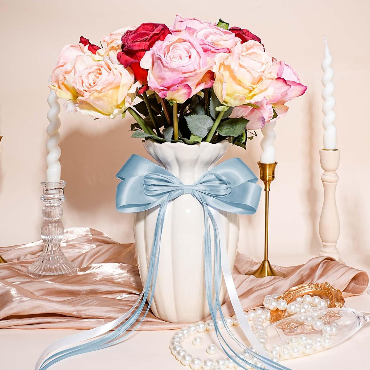 Light Blue Satin Ribbon 3 Inch 10 Yards Double Faced Luxury Baby Blue Silk Ribbon for Gift Wrapping Flower Bouquets Bow Christmas Wedding Party Decoration