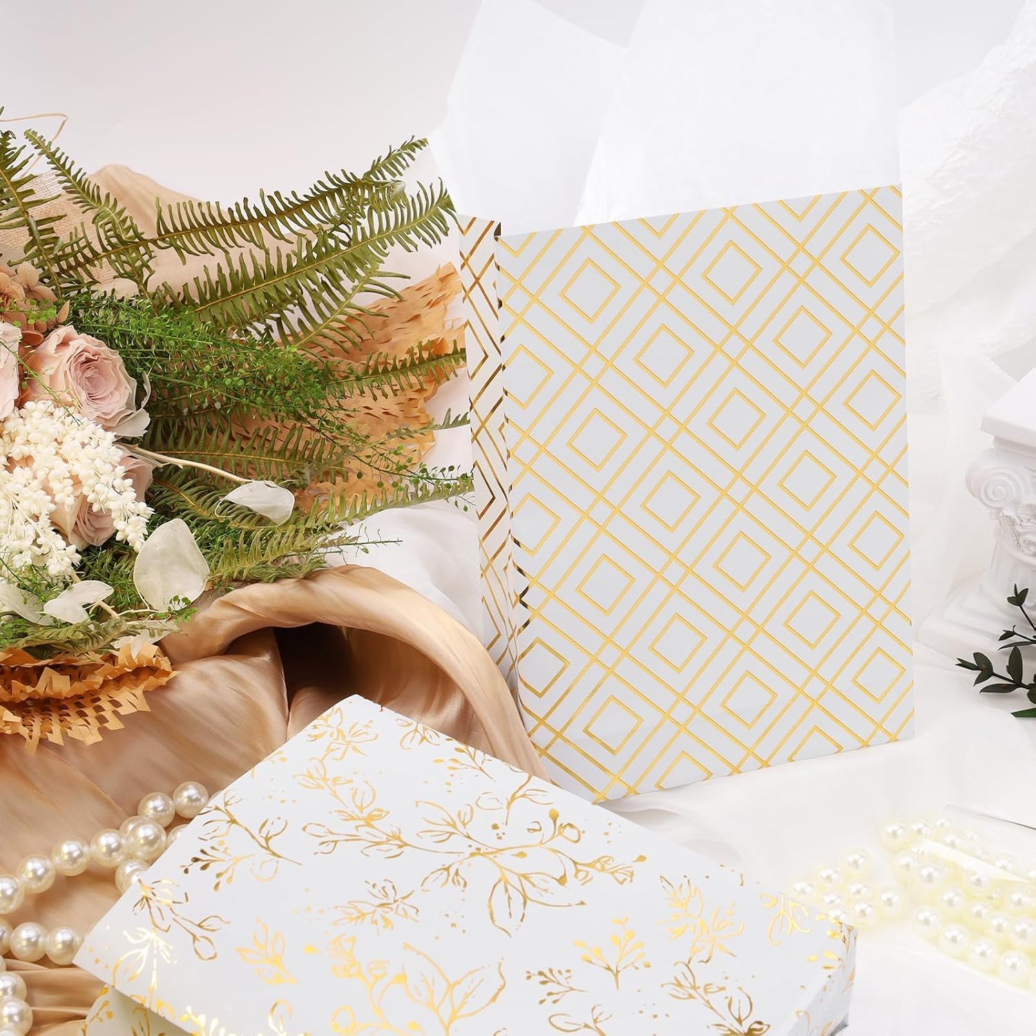 WRAPLA Luxury Wrapping Paper, White Gold Botanical Foil for Wedding Gifts