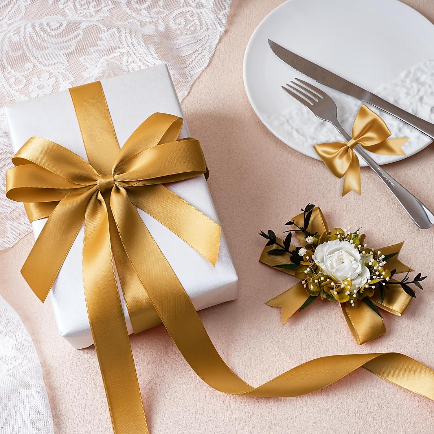Gold Satin Ribbon 1 Inch x 100 Yards - Double Sided Silk Ribbon for Gift Wrapping Wedding Decoration Bows Bouquet Floral Arrangement Crafts