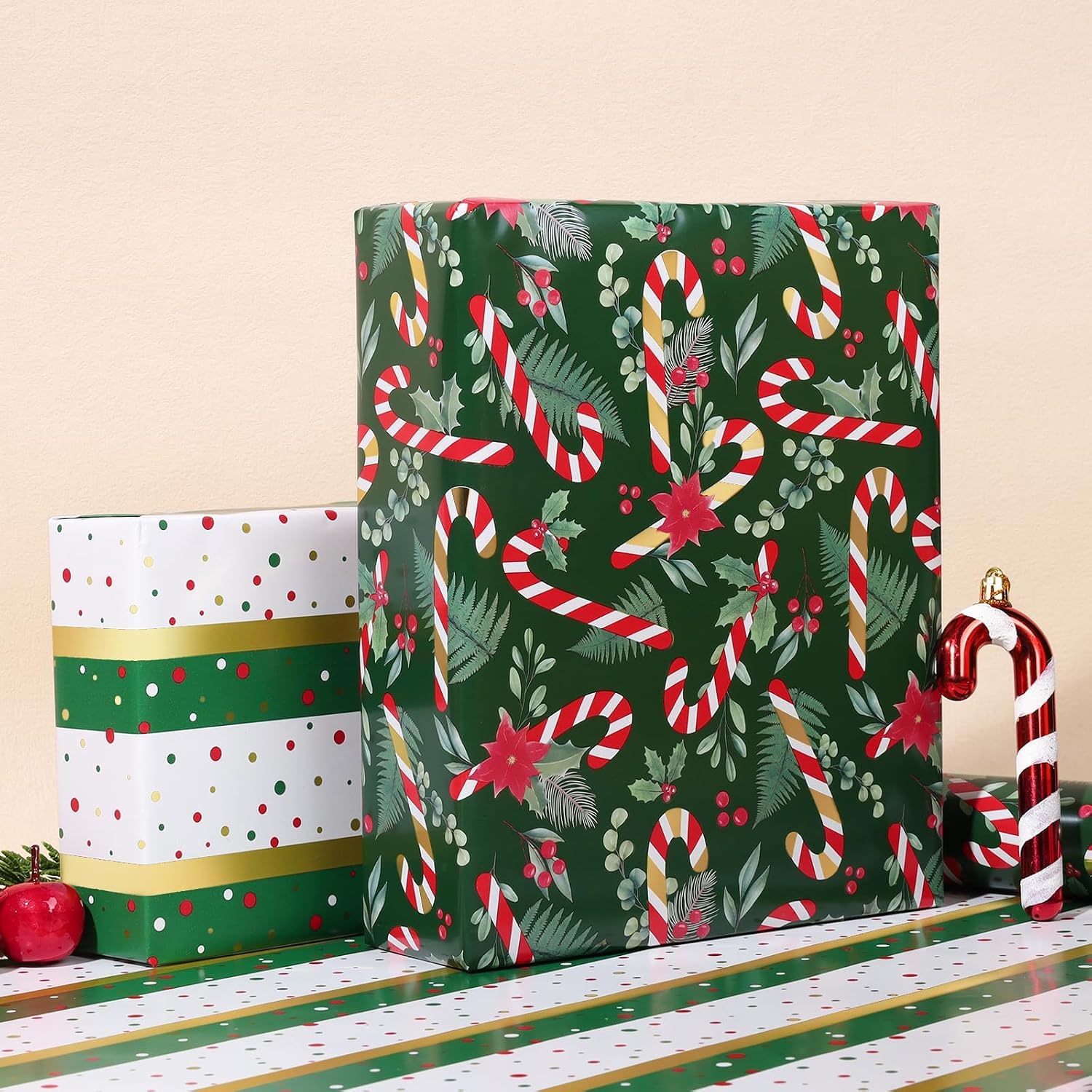 WRAPLA Reversible Christmas Wrapping Paper, Candy Cane Stripes 43cm x 10m