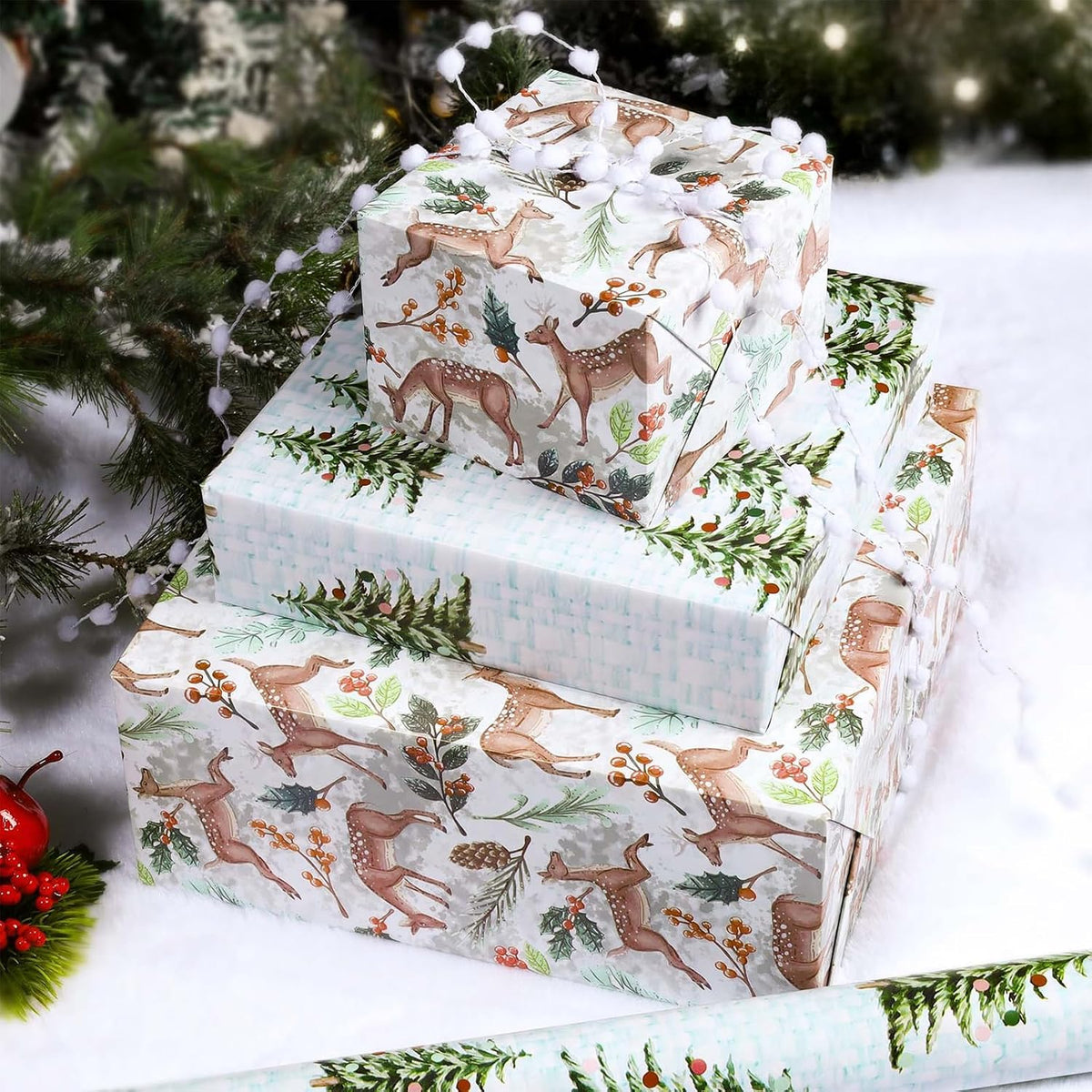 WRAPLA Christmas Wrapping Paper Doe Floral and Tree Design Gift Wrap