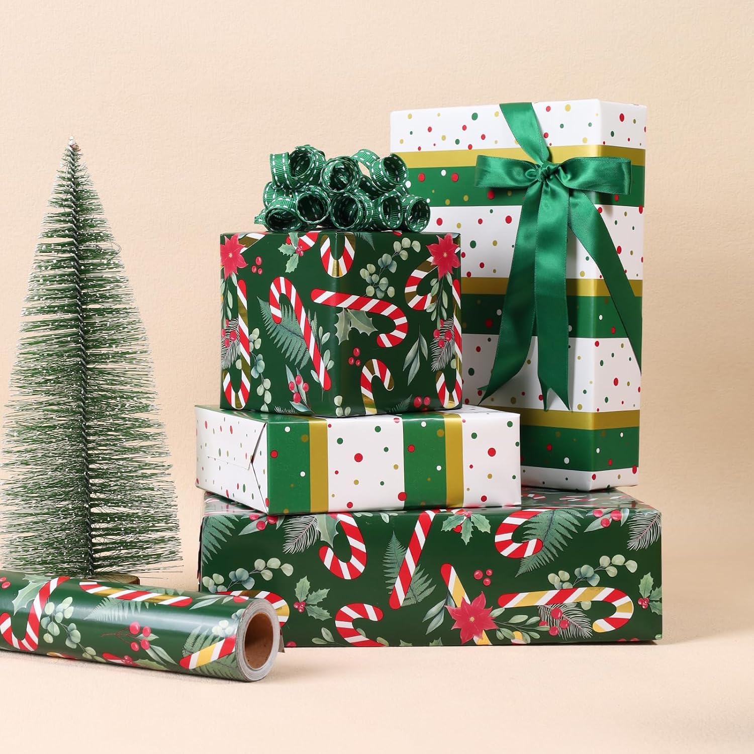 WRAPLA Reversible Christmas Wrapping Paper, Candy Cane Stripes 43cm x 10m