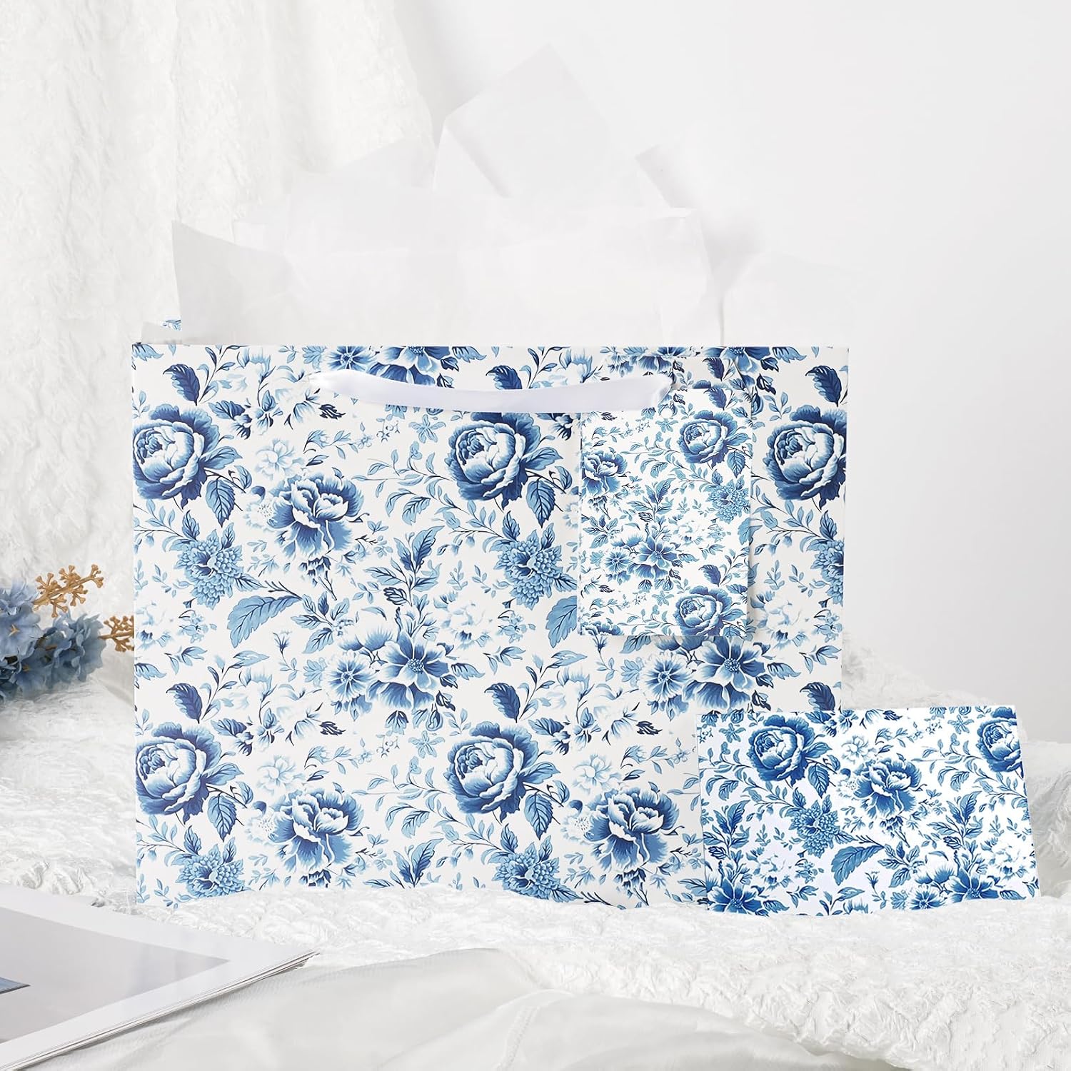WRAPLA 13" Blue White Peony Paper Gift Bag for Wedding with Tissue & Card
