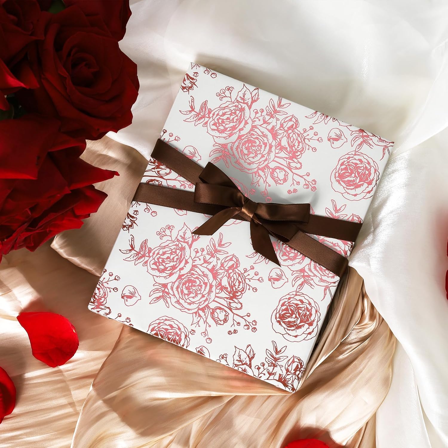 WRAPLA Luxury Wrapping Paper, White Gold Botanical Foil for Wedding Gifts