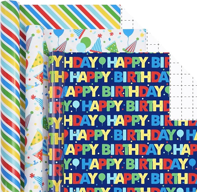 WRAPLA Happy Birthday Wrapping Paper for Boys, Colorful Balloon & Striped