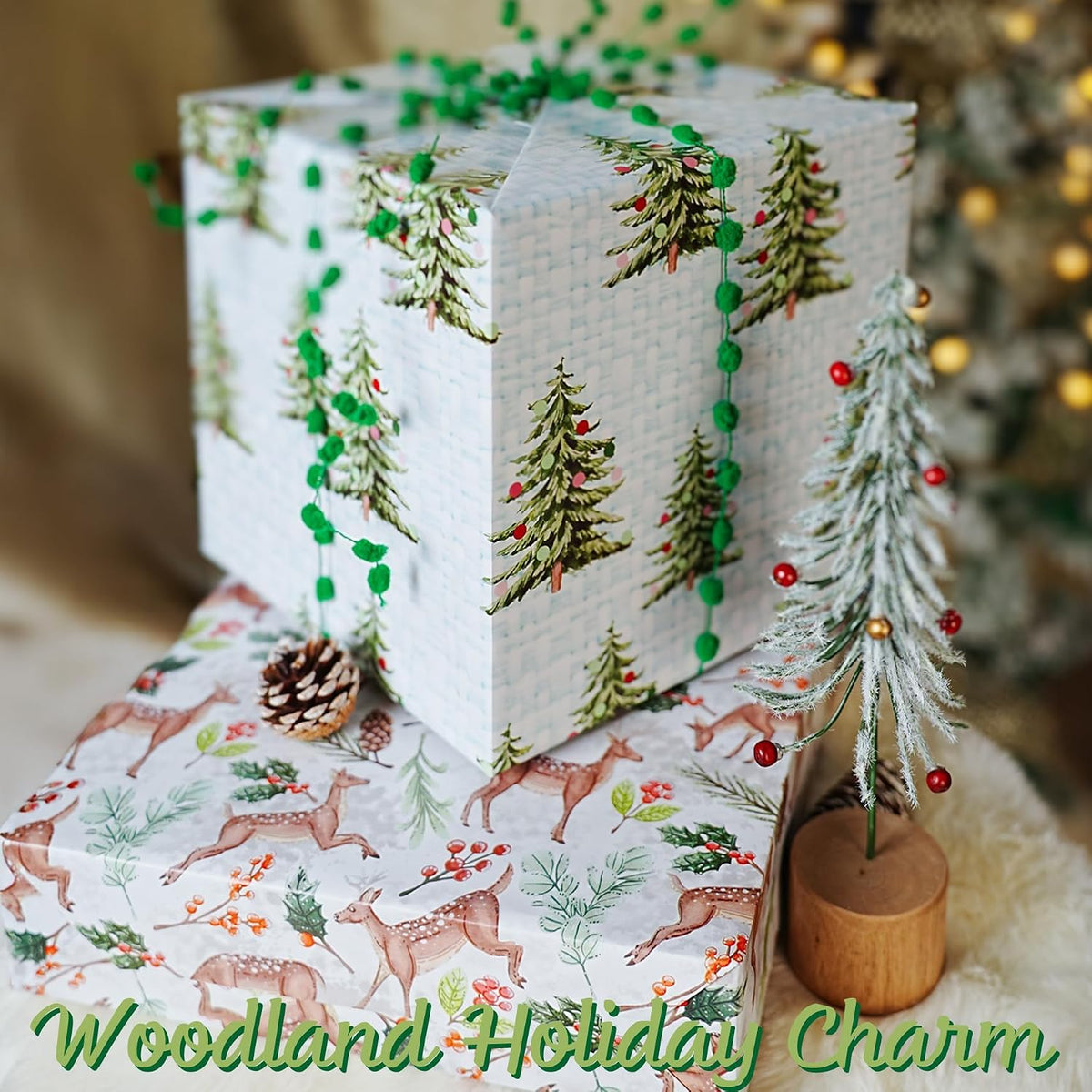 WRAPLA Christmas Wrapping Paper Doe Floral and Tree Design Gift Wrap