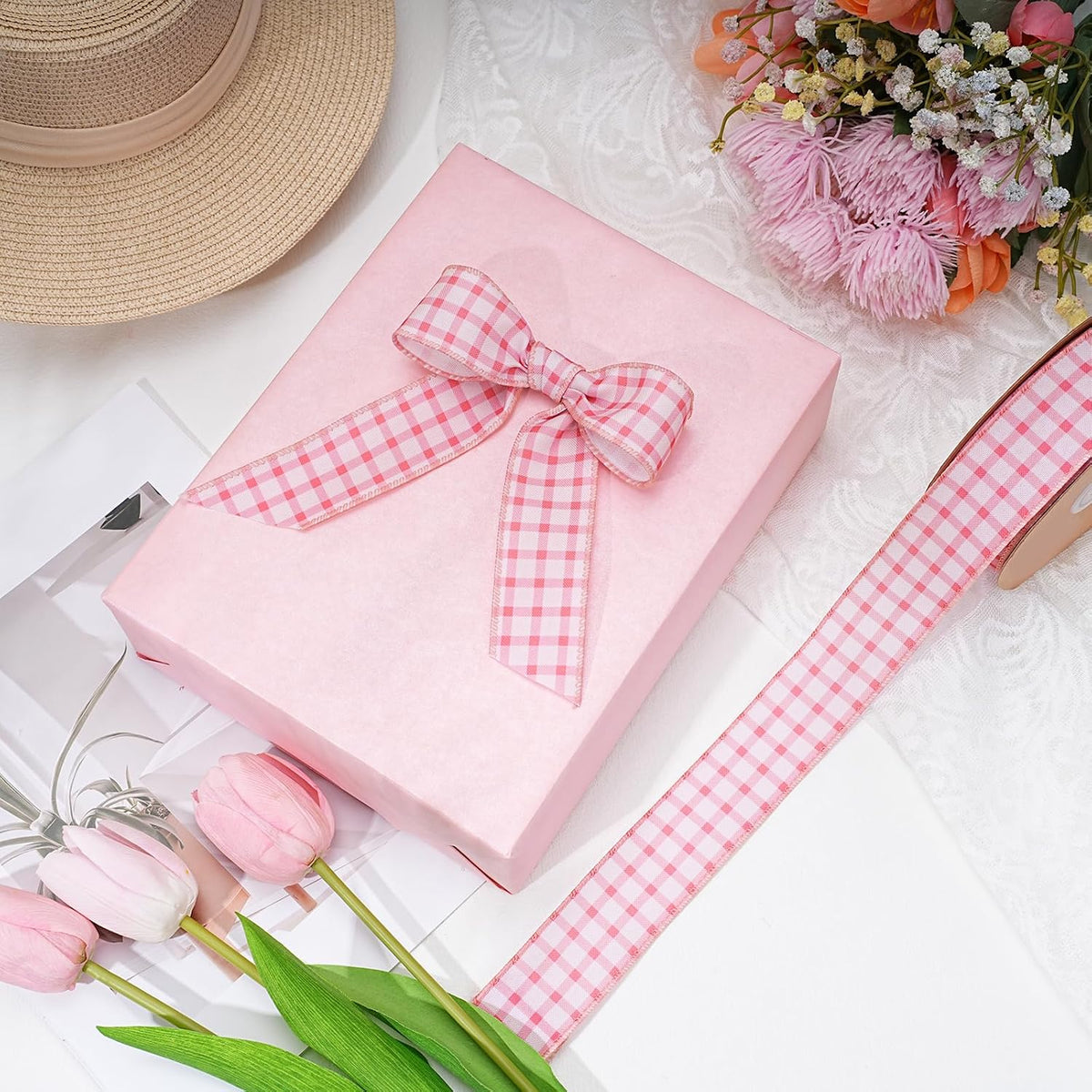 Pink Gingham Burlap Ribbon Wired 1.5 Inch x 10 Yards
