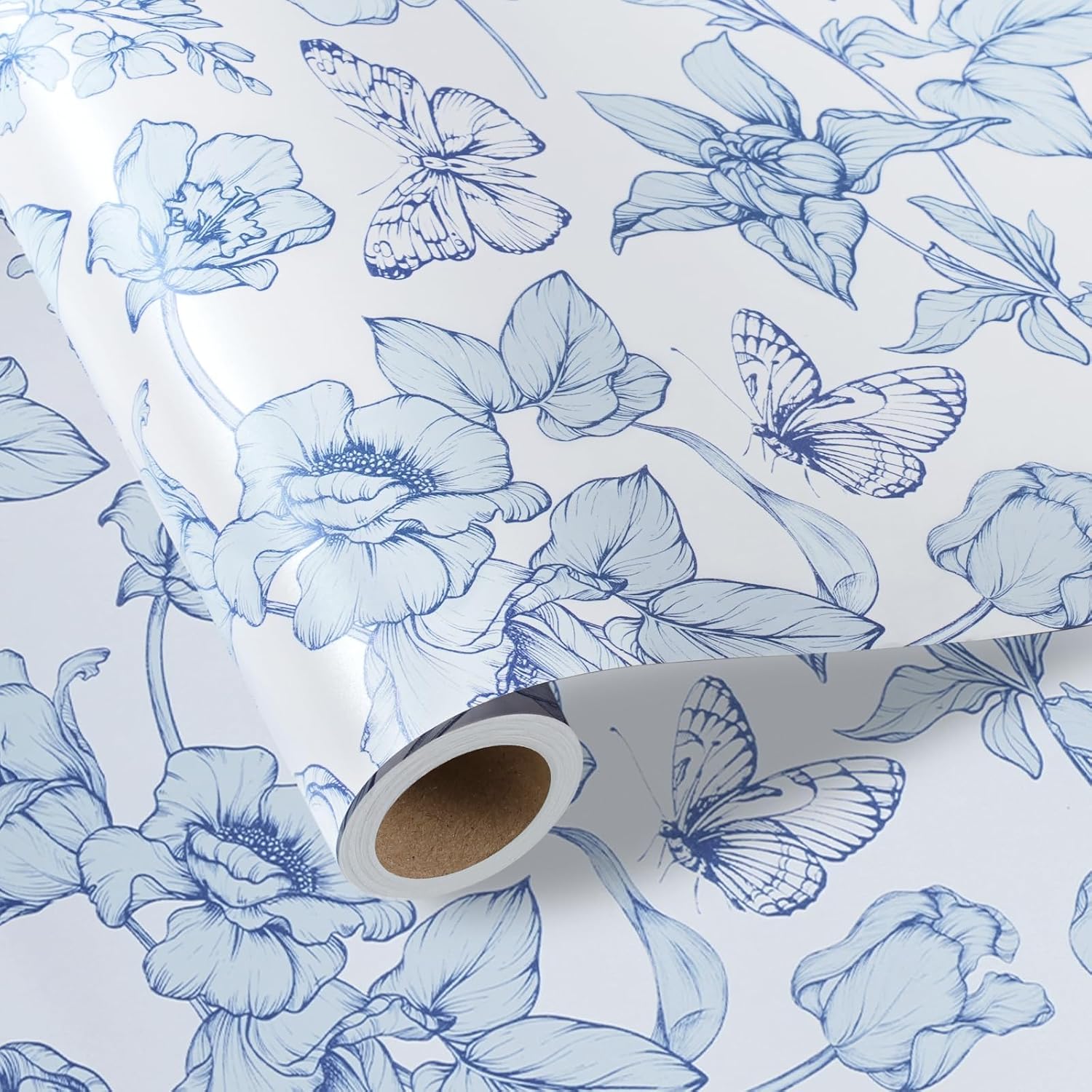WRAPLA Reversible Wrapping Paper, Blue Floral Pearlescent Print 43cm x 10m