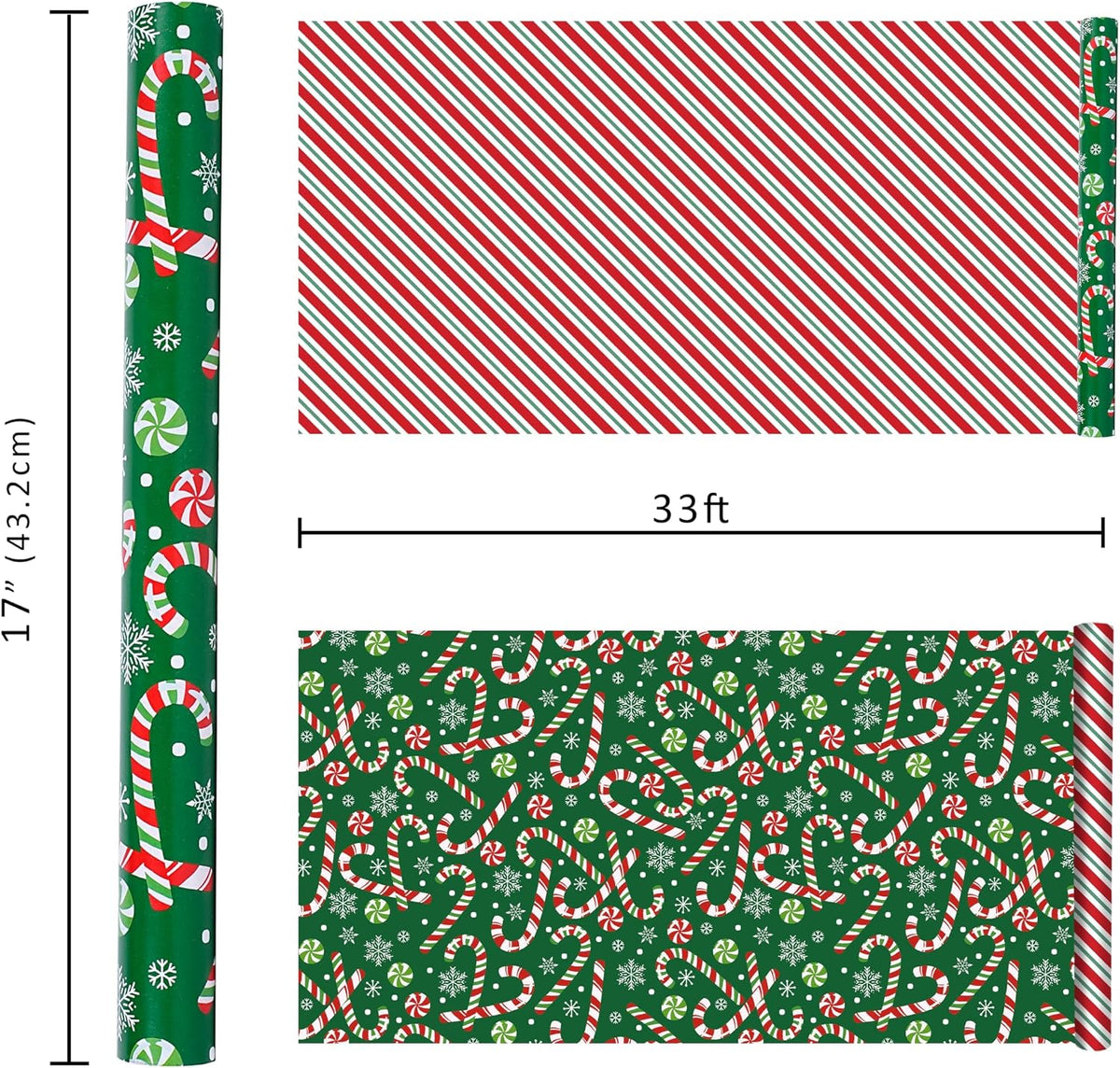 WRAPLA Reversible Christmas Wrapping Paper, Candy Cane Stripes 43cm x 10m