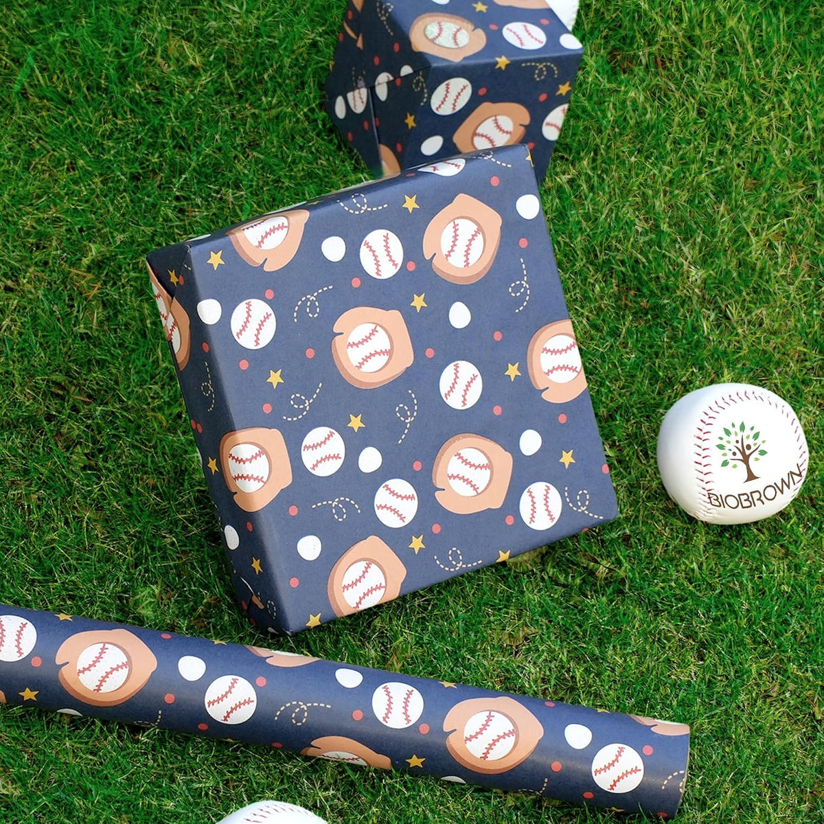 WRAPLA Baseball Kraft Wrapping Paper Baseball Glove and Ball Design