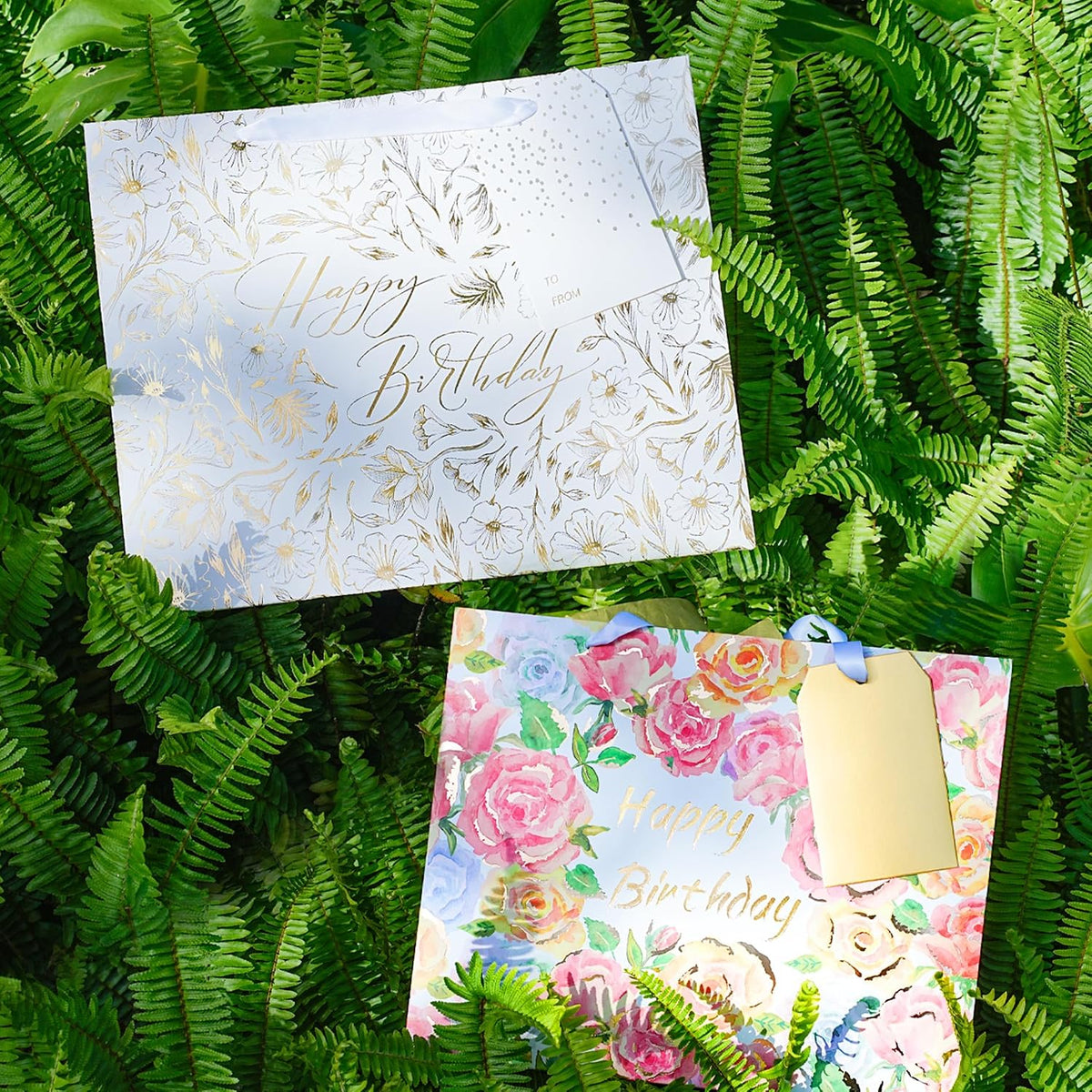 WRAPLA 13" Blue White Peony Paper Gift Bag for Wedding with Tissue & Card
