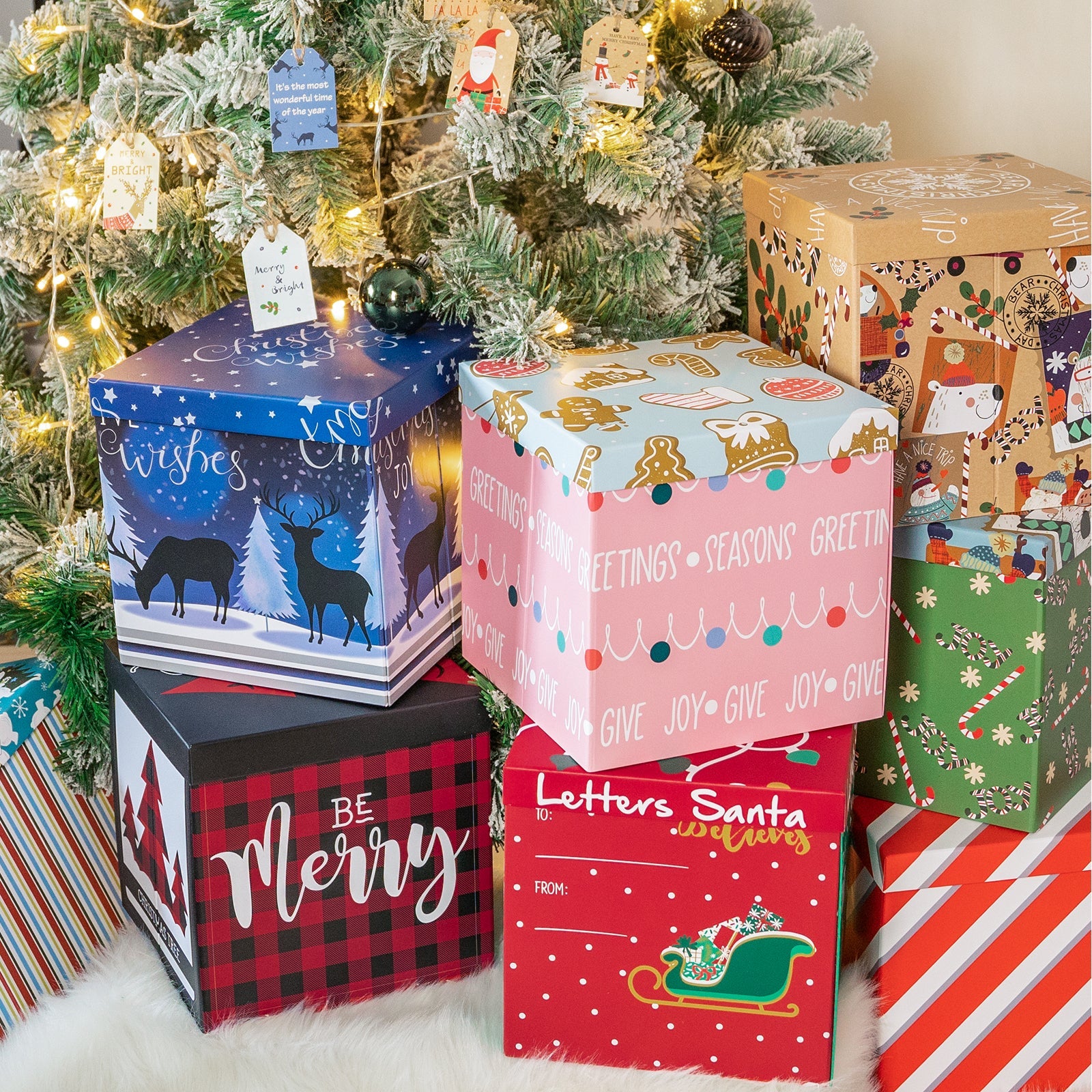 WRAPLA 23X23X23CM Christmas Gift Box with Lid Pink and Blue design for Party, Wedding, Gift Wrap, Bridesmaid Proposal, Storage