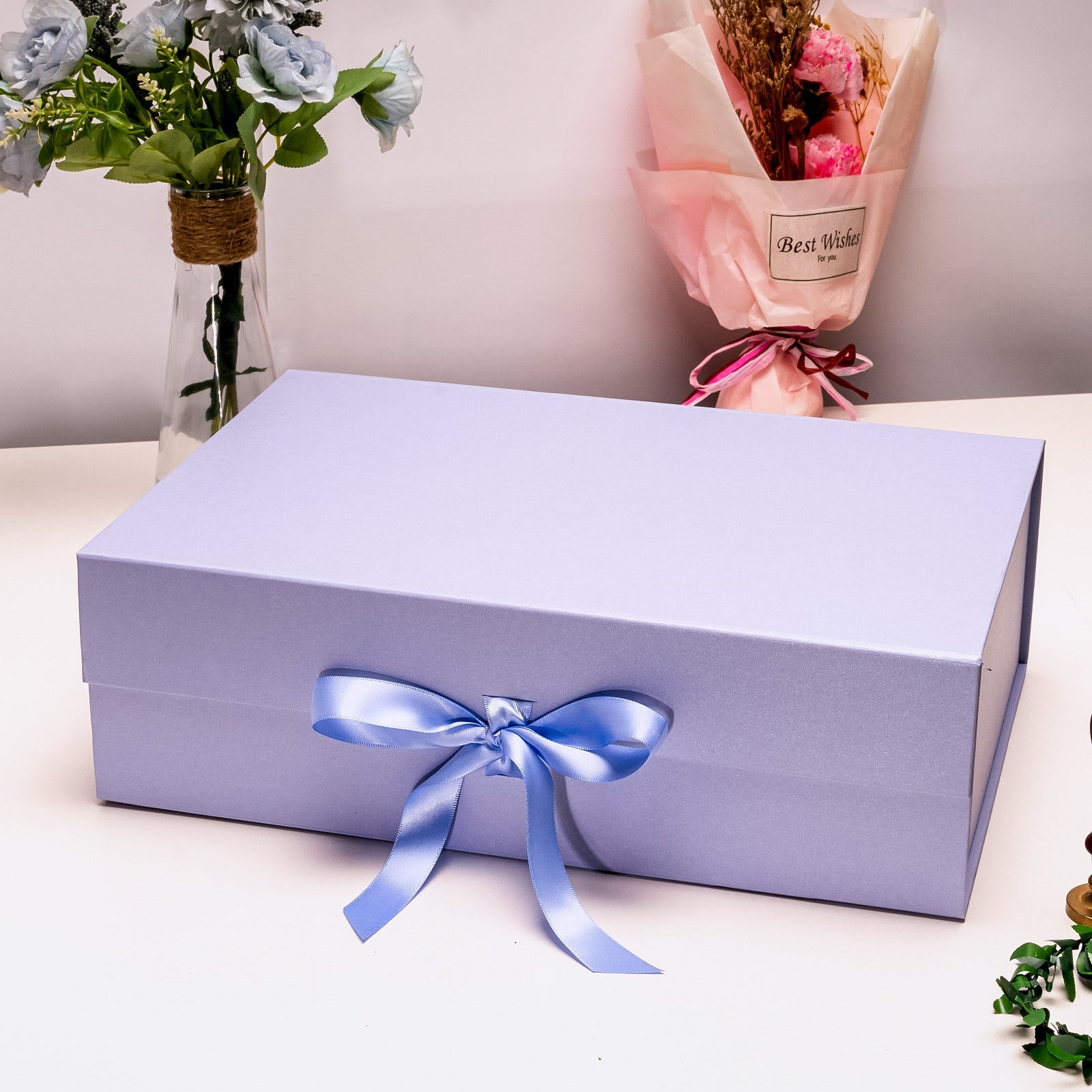 WRAPLA Taro Gift Box with Satin Ribbon, 35X23X10CM Collapsible Gift Box with Magnetic Closure for Party, Wedding, Gift Wrap, Bridesmaid Proposal, Storage