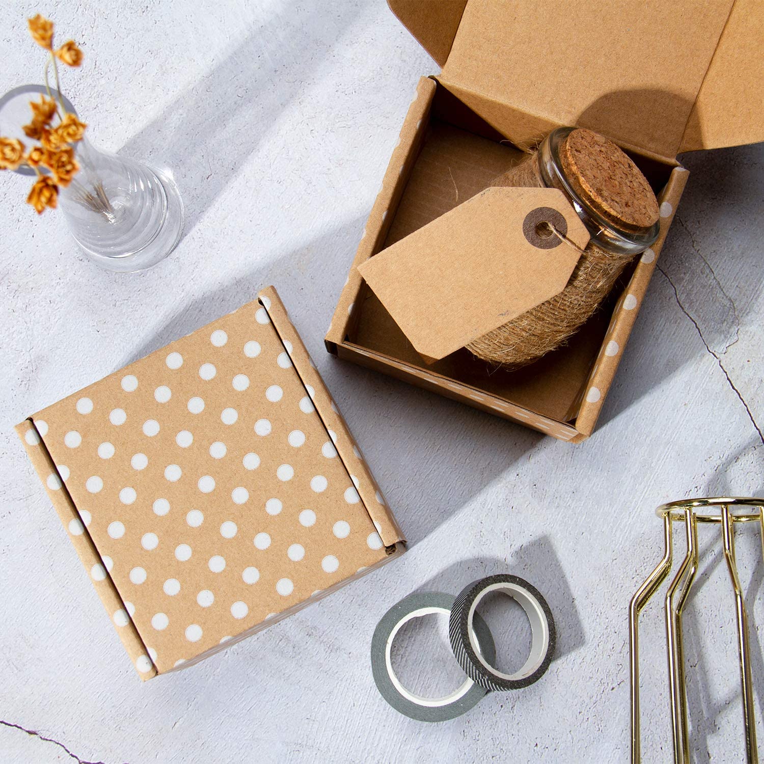 WRAPLA Recyclable Corrugated Box Mailers -10 X 10 X 5cm - Kraft Cardboard Box White Polka Dot Printed Shipping Small - 25 Pack
