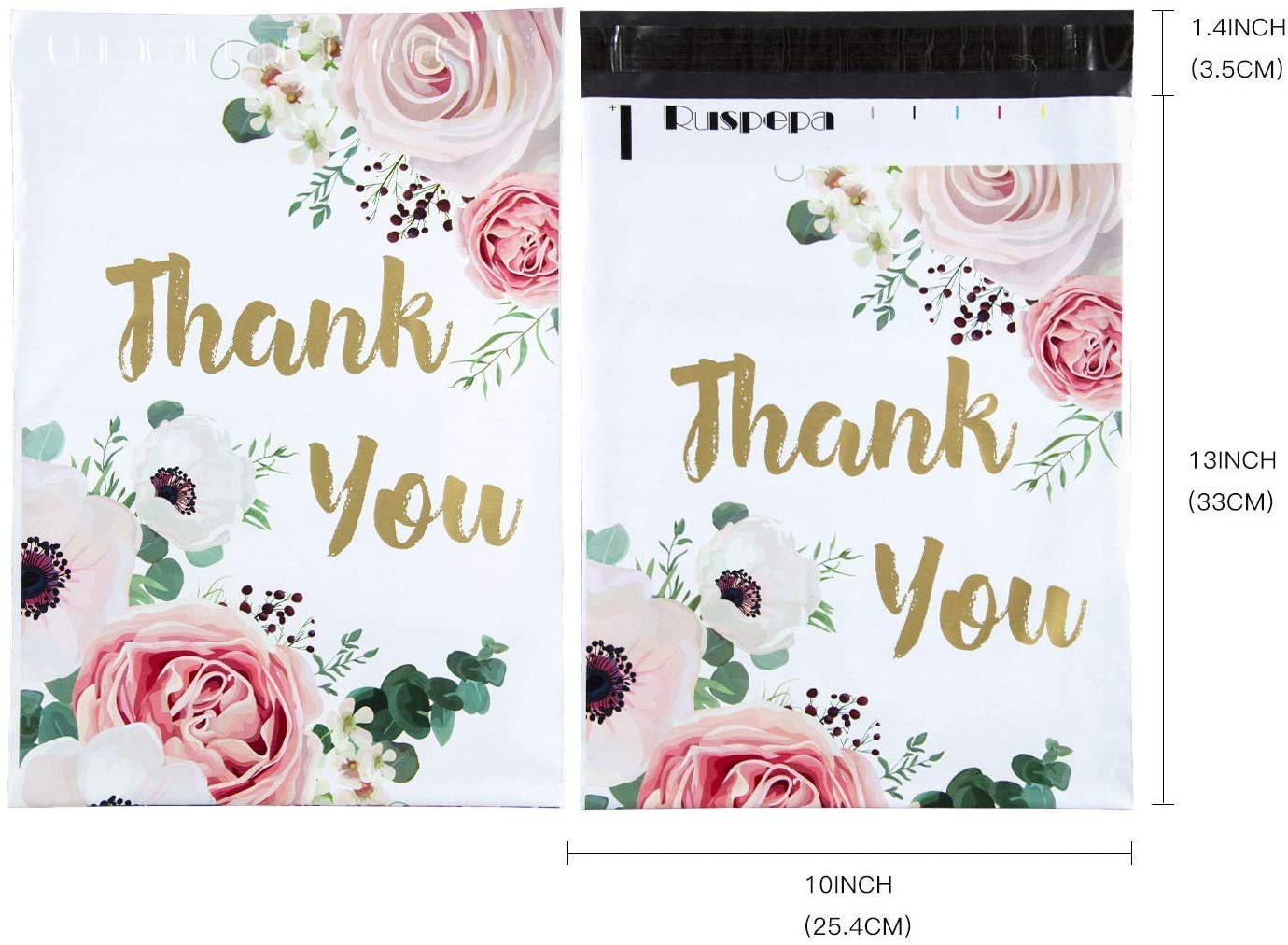 WRAPLA 25 x 33cm (10 x 13 inches) Poly Mailers Shipping Bags Thank You Notes Flowers Surrounded White Poly Mailers 2.3 Mil Heavy Duty Self Seal Mailing Envelopes - 100 Pack